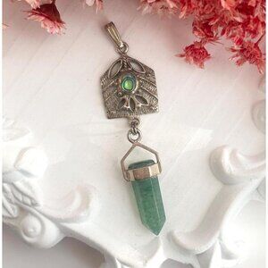 Green Quartz + Abalone Accented Sterling Silver 925 Vintage Pendant | Charm